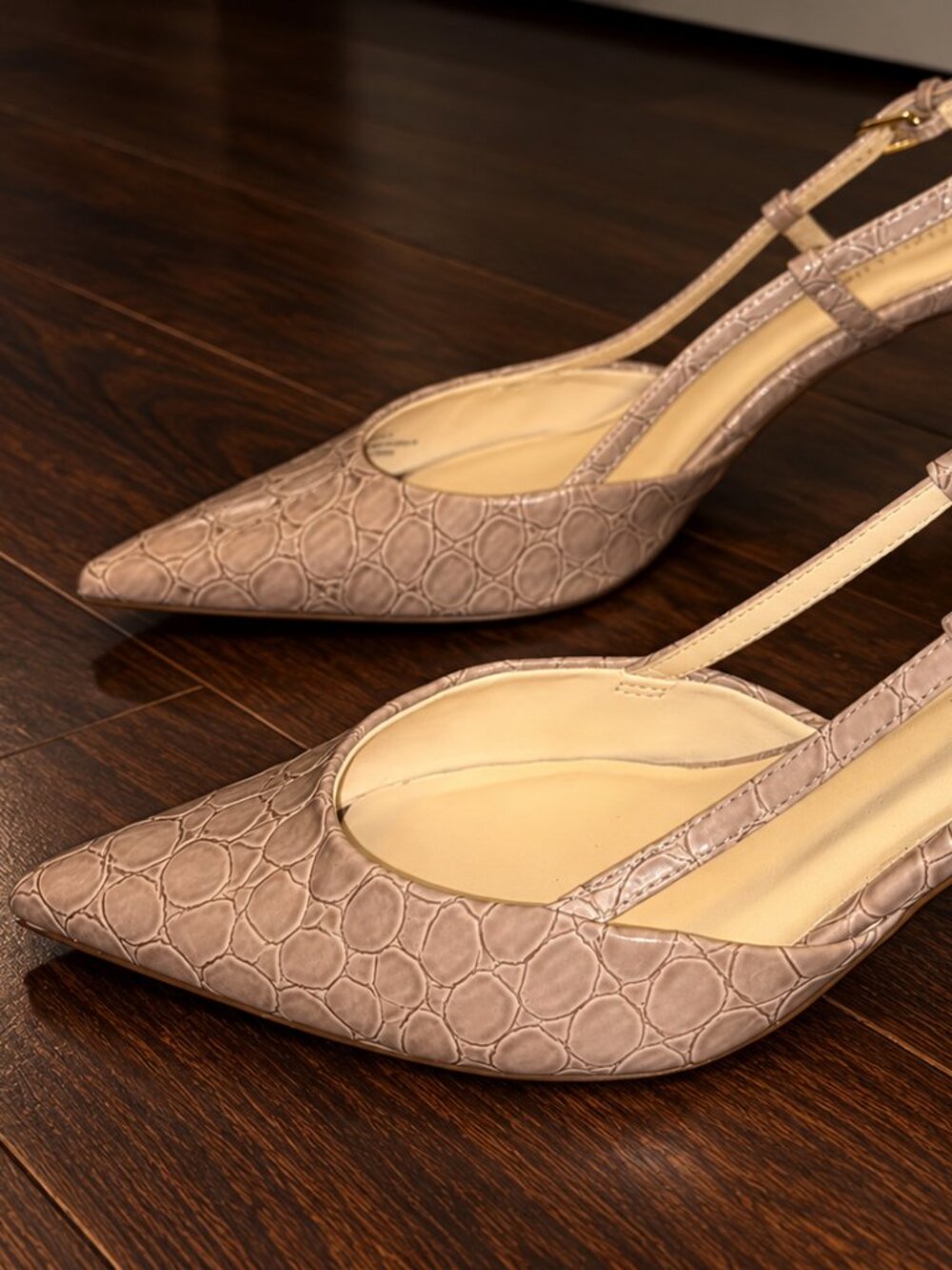 Nine West Nude Croc-Embossed Pointed Toe Slingback Kitten Heels